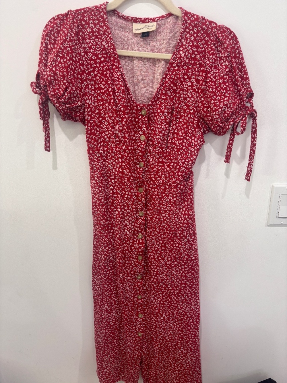 Universal Thread Red Floral Dress XS Button Front Puff Sleeve Tie Detail Mini